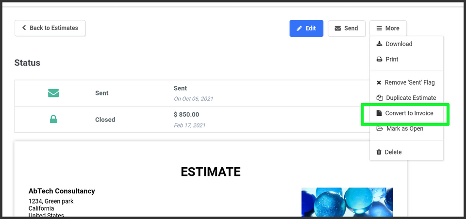 Illustration depicting two easy steps to convert a quotation or estimate into an invoice