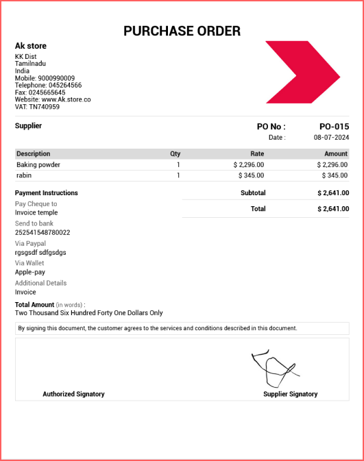 Free customizable purchase order generator by Invoice Temple