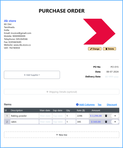 Free customizable purchase order generator by Invoice Temple