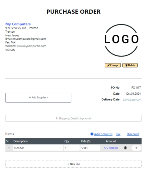 Free customizable purchase order generator by Invoice Temple